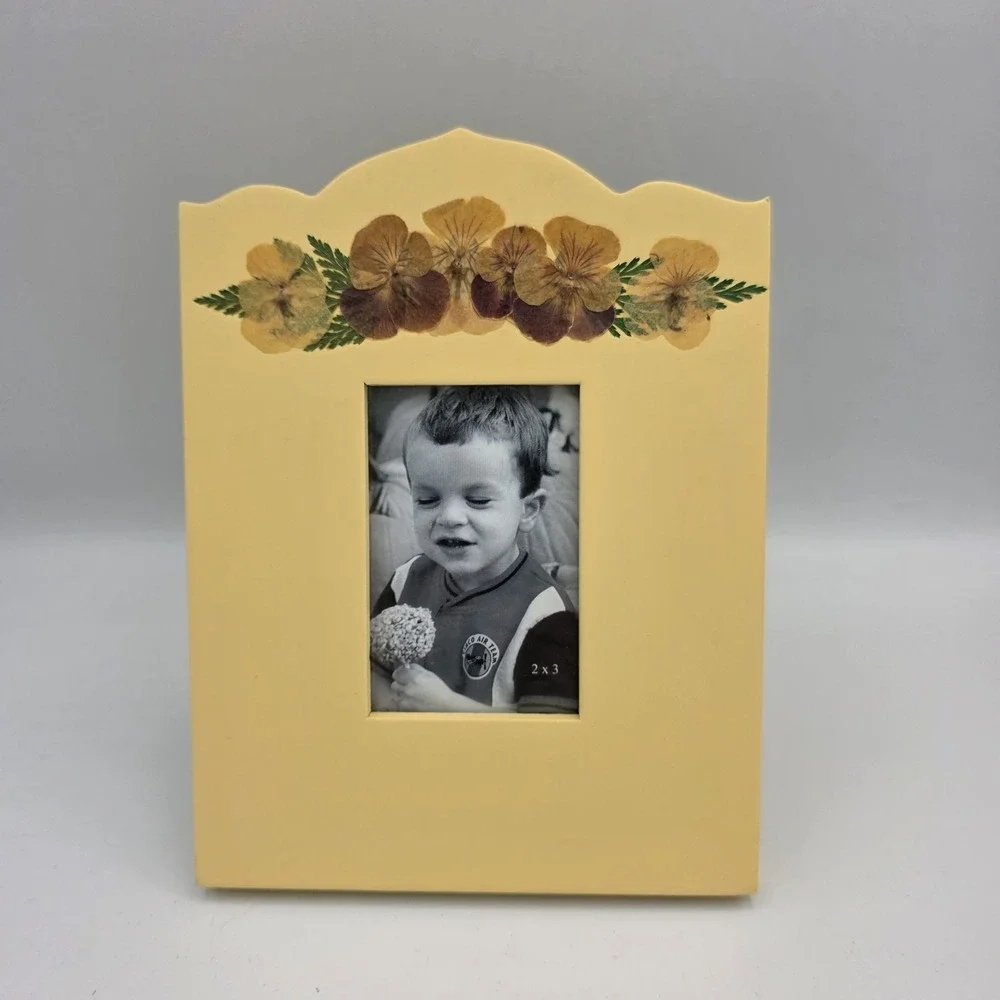 Fetco Floral Picture Frame Wood Pressed Flower Decor Yellow Photo Insert 2 X 3